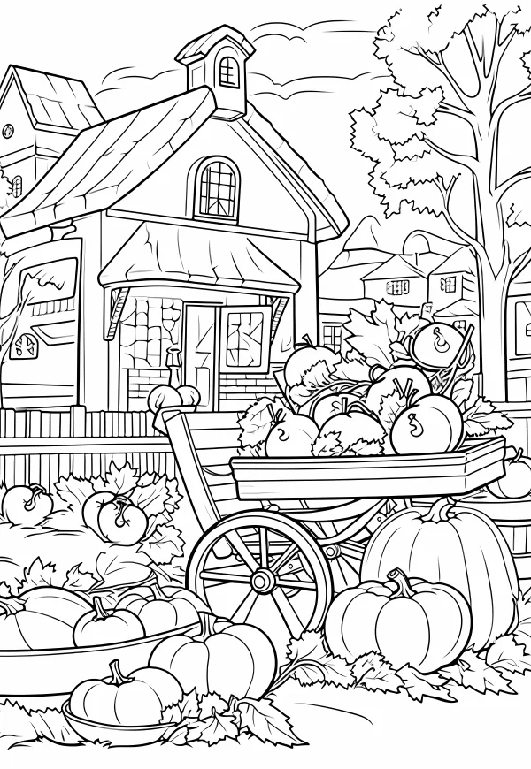Farm house with pumpkin-filled wheelbarrow, cartoon style — free printable harvest coloring book page
