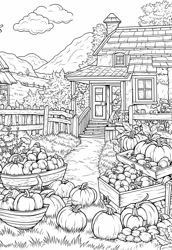 Harvest farm cottage with pumpkins and vegetables, realistic line art style — free printable harvest coloring book page