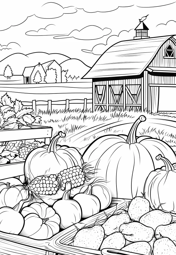 Farm harvest scene with pumpkins, corns and apples — free printable harvest coloring book page