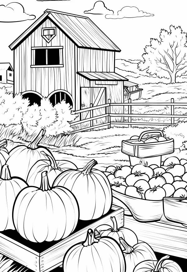 Harvest scene with pumpkins and apples in front of a barn, realistic line art style — free printable harvest coloring book page