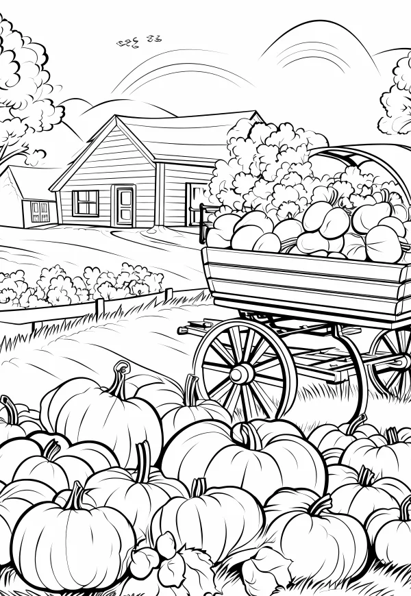 Farm pumpkin harvest scene, realistic line art style — free printable harvest coloring book page
