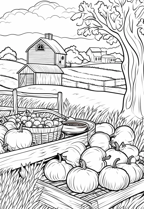 Harvest farm scene with pumpkins and fruit basket, rural countryside style — free printable harvest coloring book page