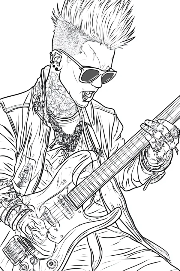 Punk rock guitarist with mohawk hairstyle and sunglasses, playing electric guitar — free printable punk coloring book page