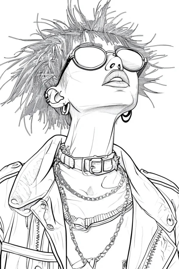 Punk style character with spiky messy hair, wearing round sunglasses — free printable punk coloring book page