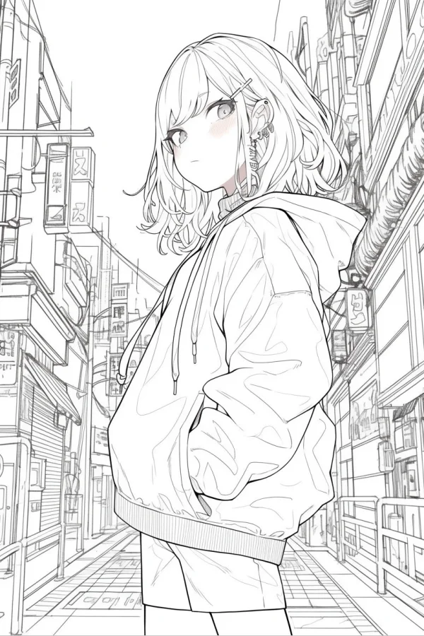 Anime girl in hoodie with hands in pockets standing in a japanese urban alley, anime style — free printable daily coloring book page