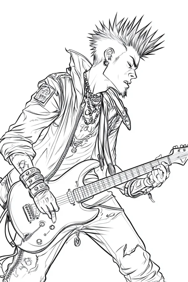 Punk musician playing electric guitar, punk style — free printable punk coloring book page