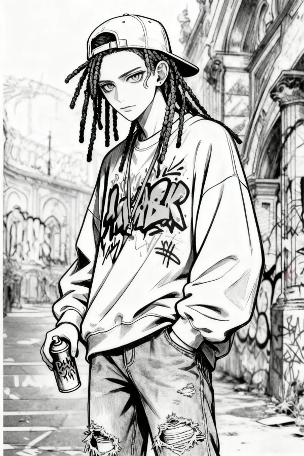 Coloring book page, anime-style hip-hop boy with dreadlocks wearing backward cap — free printable hip hop coloring book page