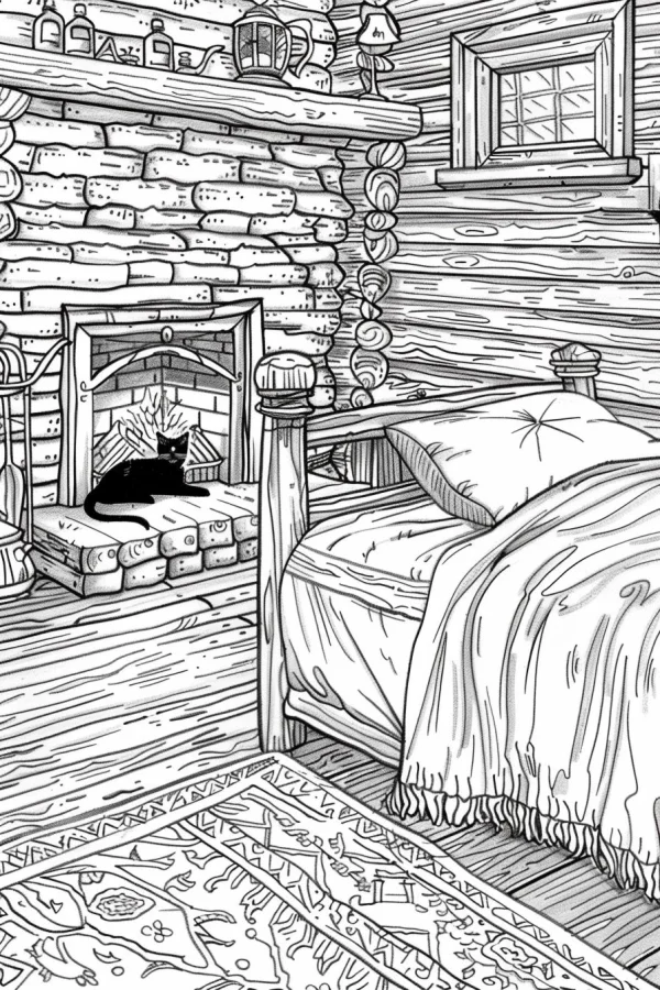 Cozy wooden cabin interior with black cat by fireplace, realistic line art style — free printable home scene coloring book page