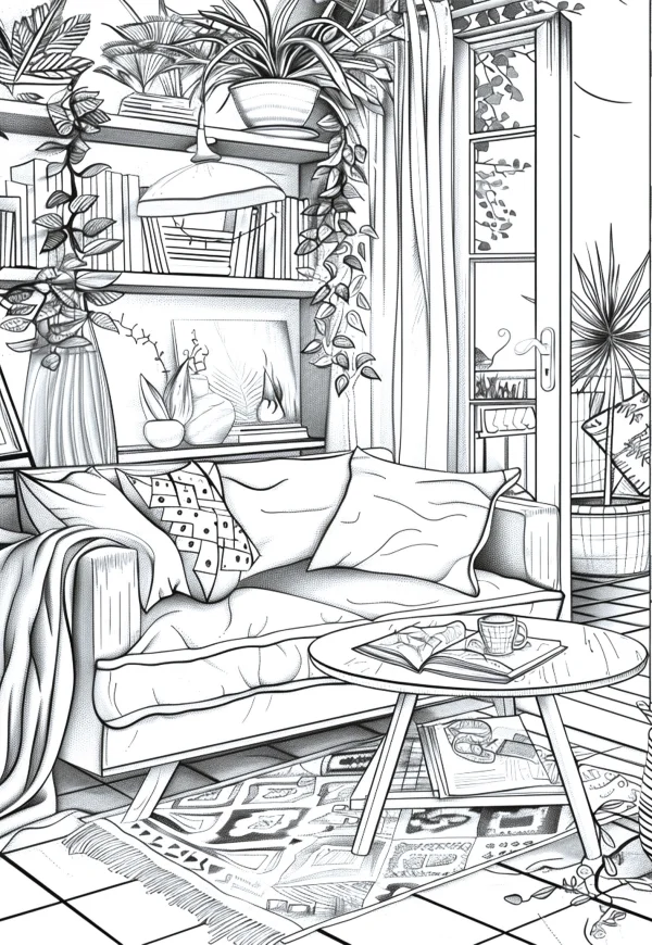 Cozy living room interior scene, realistic line art style — free printable indoor life coloring book page