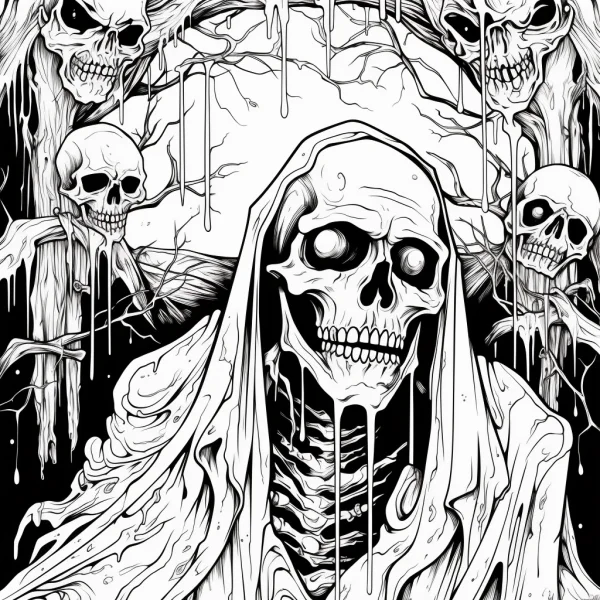 Hooded grim reaper skull, gothic style — free printable death coloring book page