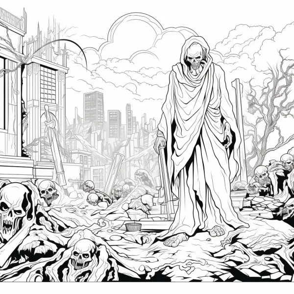 Grim reaper with scythe in apocalyptic ruins surrounded by skulls, dark horror style — free printable death coloring book page