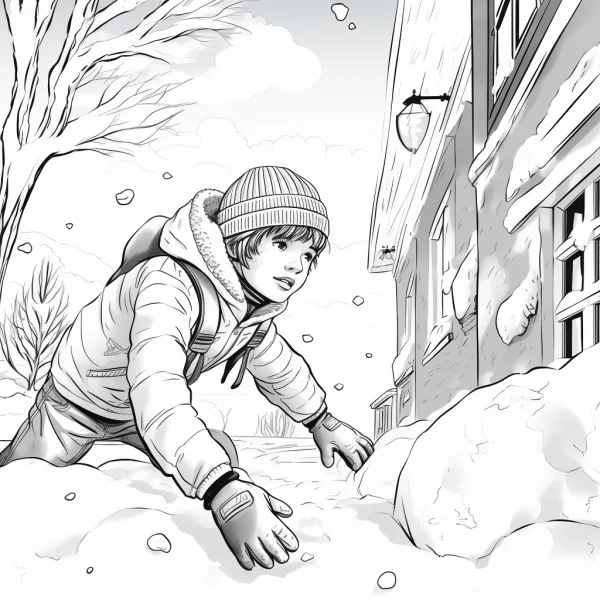 Little boy playing in snow, realistic sketch style — free printable children's life coloring book page