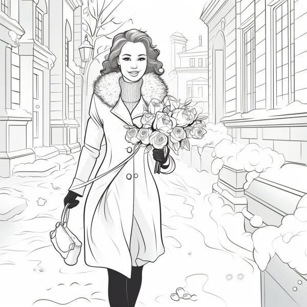Stylish woman holding rose bouquet in winter european city street, realistic line art style — free printable daily coloring book page