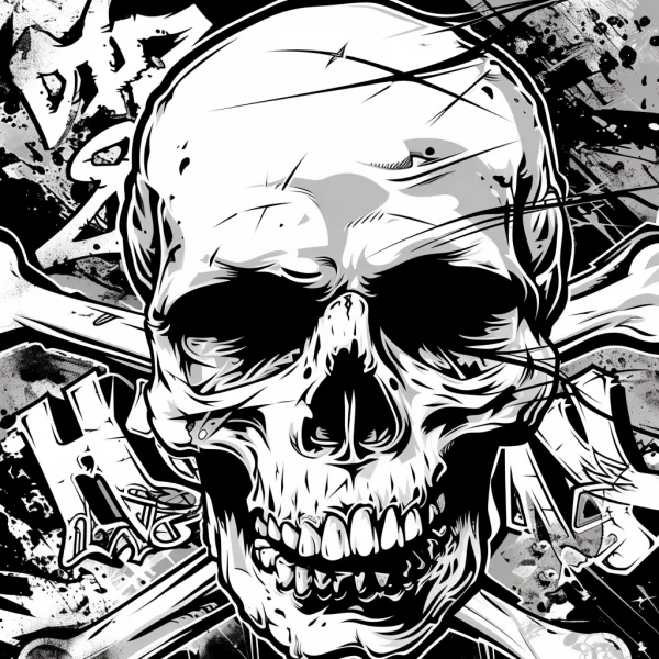 Graffiti-style horror skull with crossbones, gothic street art style — free printable darkness coloring book page