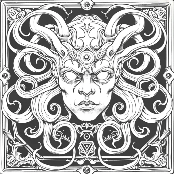 Three-eyed medusa with serpentine curly hair, fantasy art style — free printable mystery coloring book page