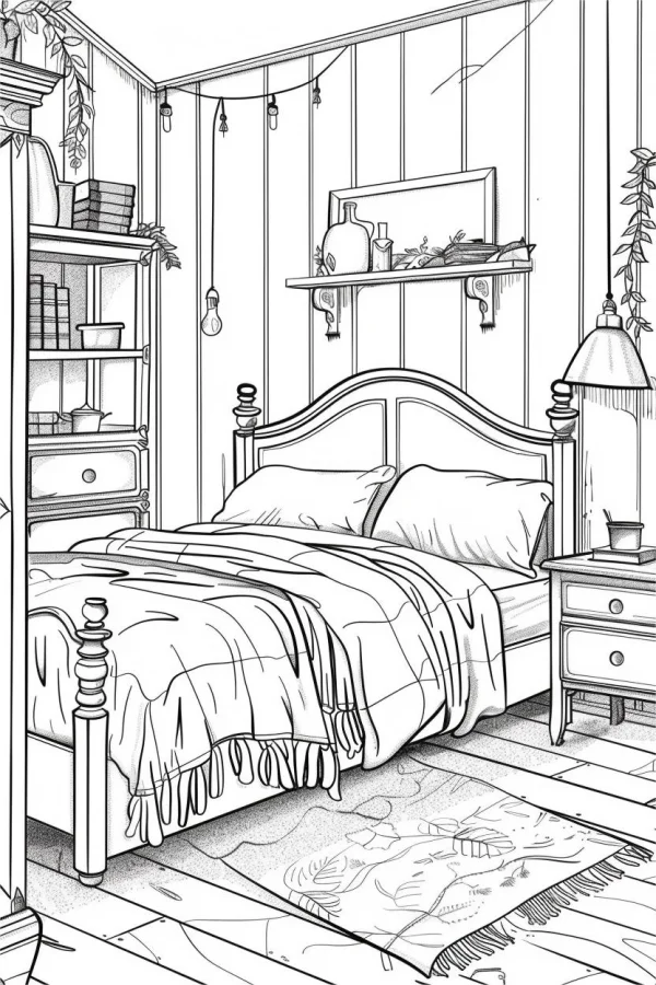 Coloring book page, cozy bedroom interior scene with bed — free printable home scene coloring book page