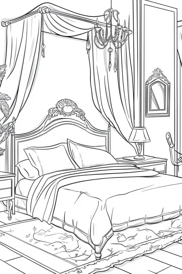 Vintage bedroom scene with four-poster bed, realistic line art — free printable home scene coloring book page