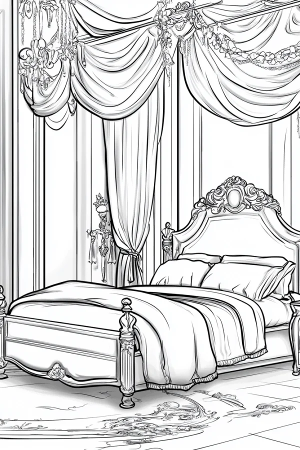 Vintage european bedroom with carved four-poster bed, baroque style — free printable euro-american culture coloring book page