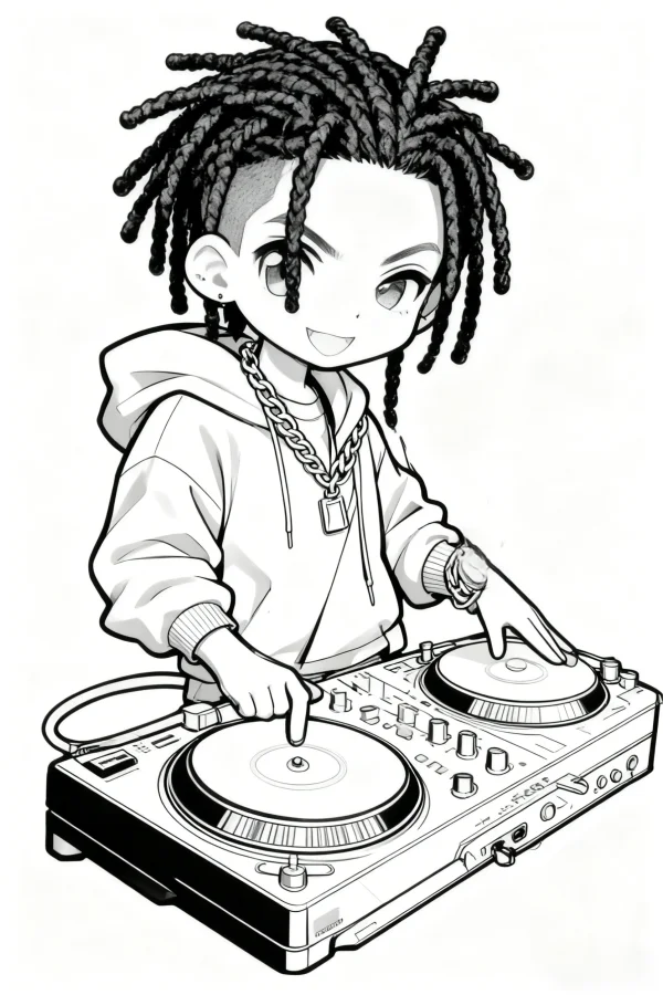 Cartoon dj boy with dreadlocks, cartoon style — free printable musician coloring book page