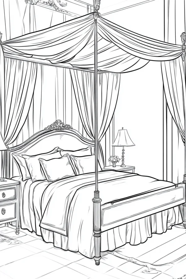 Four-poster bed bedroom scene, realistic illustration style — free printable home scene coloring book page