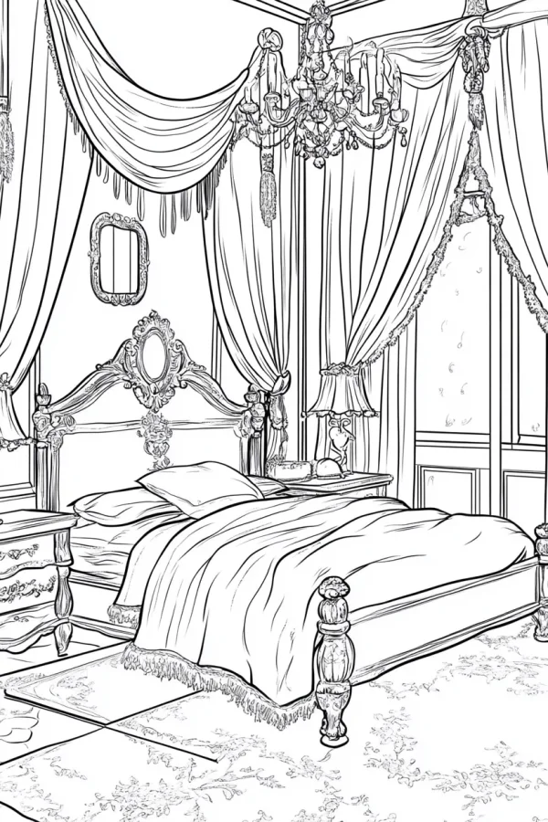 European retro baroque bedroom, detailed interior scene with carved bed — free printable home scene coloring book page