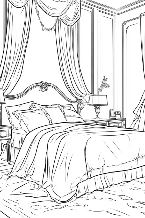 European-style bedroom with a large bed and matching furniture, realistic line art — free printable home scene coloring book page