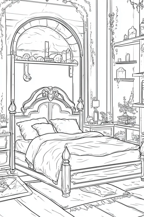 Vintage bedroom scene, retro realistic illustration style — free printable home scene coloring book page