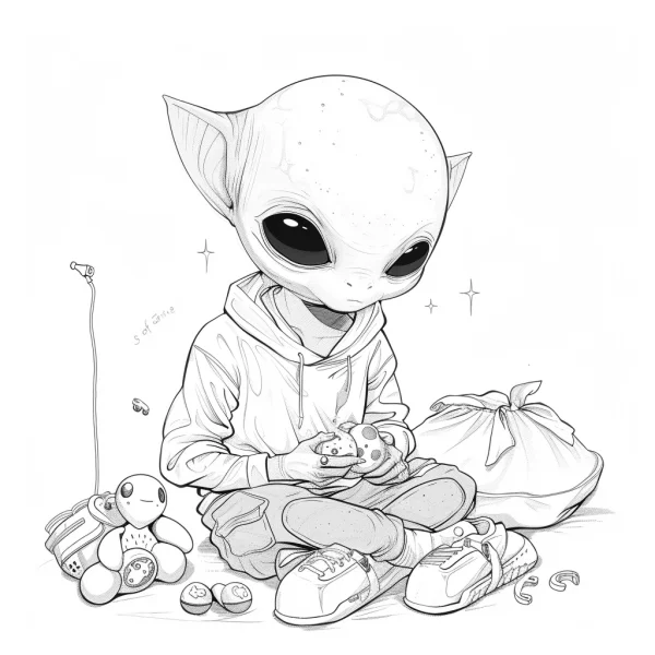 Cute little alien in hoodie sitting cross-legged, holding a small toy — free printable children's life coloring book page