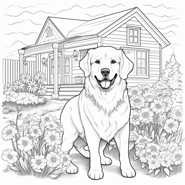 Golden retriever dog in front of a cozy single-family house, surrounded by daisies and greenery — free printable family life coloring book page