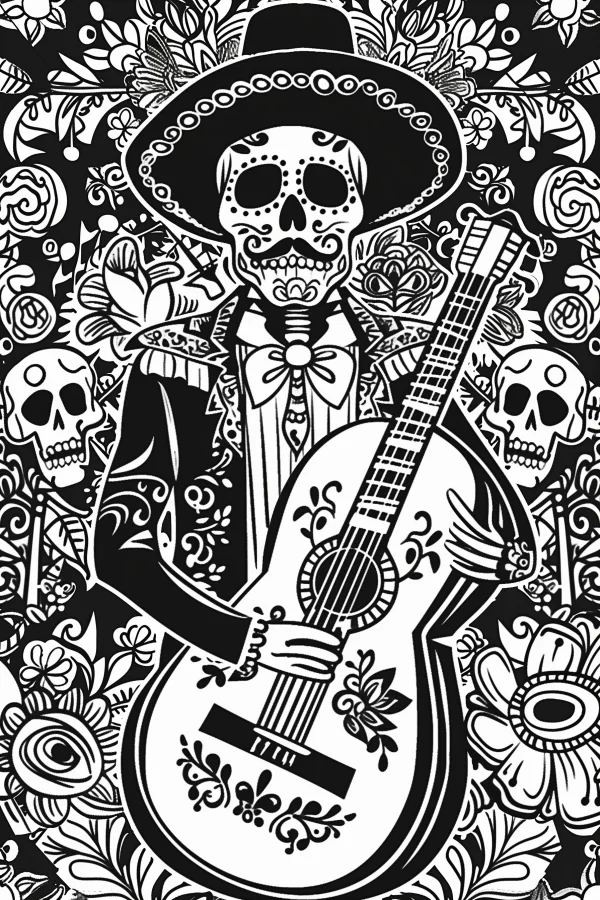 Day of the dead skeleton wearing sombrero holding acoustic guitar, latin mexican folk art style — free printable mexican culture coloring book page