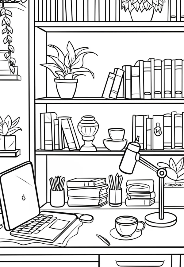 Study desk workspace with laptop, books — free printable study coloring book page