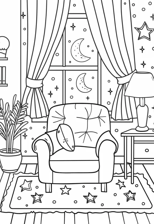 Coloring book page, cozy home single armchair — free printable night coloring book page