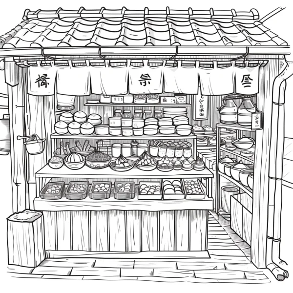 Japanese traditional grocery store stall, japanese style — free printable traditional shop coloring book page