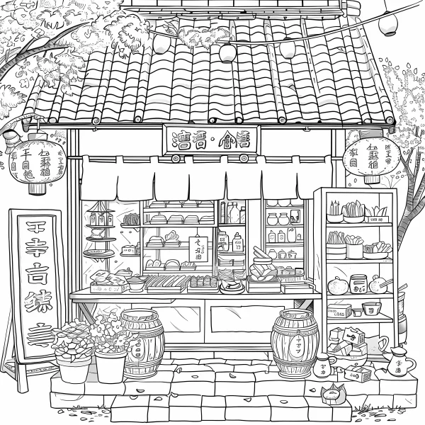 Japanese grocery store, japanese style — free printable shops coloring book page