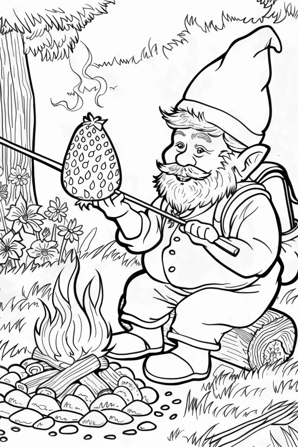 Camping gnome holding a strawberry on a roasting stick, cartoon style — free printable outdoor camping coloring book page