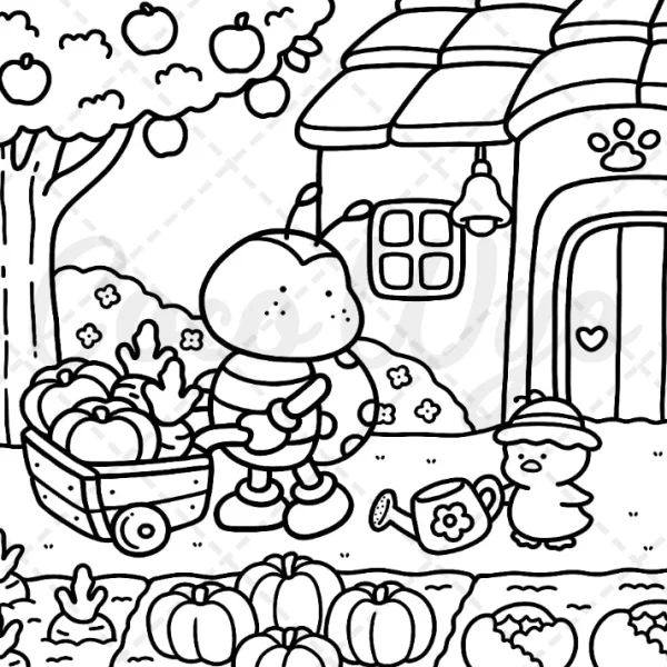 Cute cartoon bee pushing a cart with pumpkins and carrots, little chick with watering can — free printable farm life coloring book page