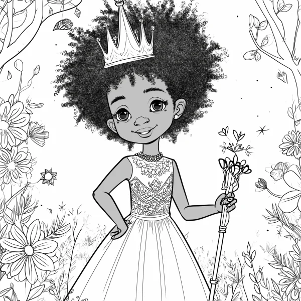 Curly-haired black princess with crown and magic staff, cartoon illustration style — free printable princess coloring book page
