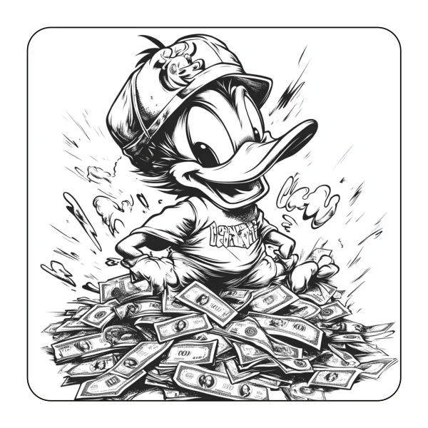 Cartoon duck (scrooge mcduck) standing on a pile of dollar bills, american comic cartoon style — free printable wealth coloring book page