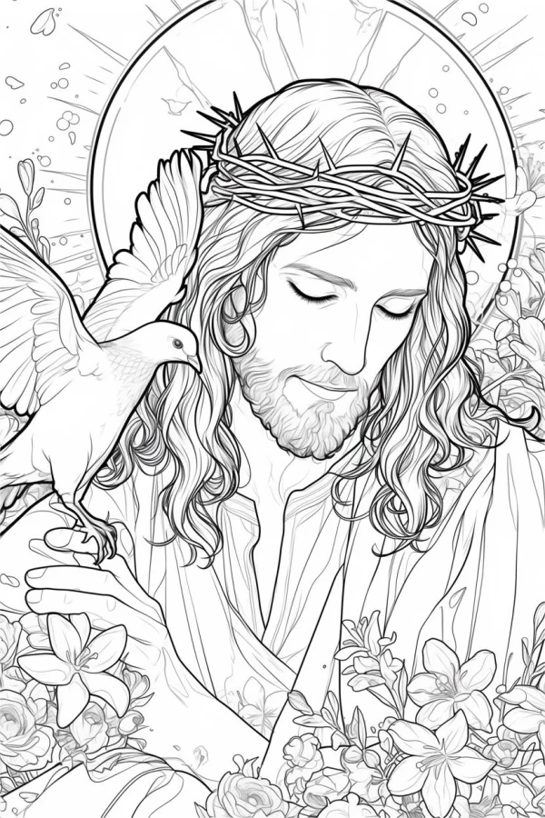 Jesus wearing crown of thorns with dove of peace on hand, realistic line art style — free printable peace coloring book page