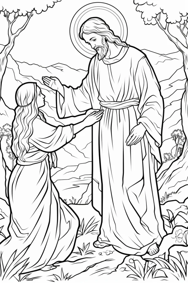 Jesus with a kneeling female believer, religious biblical scene — free printable bible stories coloring book page