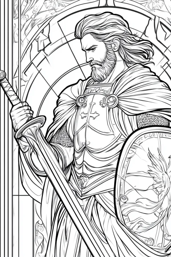 Medieval knight in armor holding sword and shield with crest, fantasy medieval style — free printable knight coloring book page