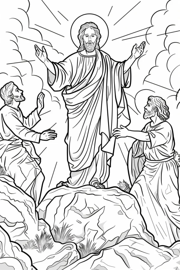 Jesus with two disciples on mountain top, religious biblical scene — free printable bible stories coloring book page
