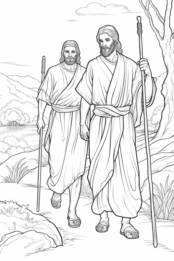 Two religious travelers in robes holding walking staffs, outdoor natural scene with mountains — free printable outdoor travel coloring book page