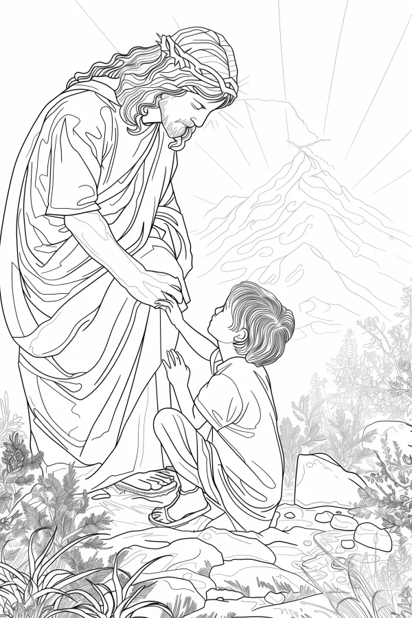 Jesus wearing crown of thorns with a child, realistic line art style — free printable warmth coloring book page