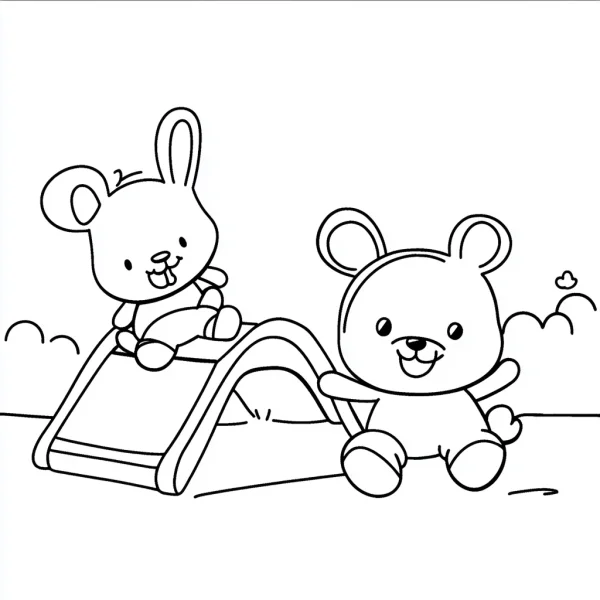 Cartoon rabbit and teddy bear playing on a slide, cute cartoon style — free printable childlike coloring book page
