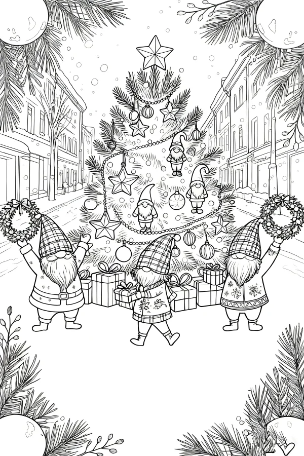 Christmas gnomes decorating christmas tree, cartoon style — free printable city scene coloring book page