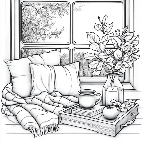 Cozy window side tea break scene, realistic line art style — free printable home leisure coloring book page
