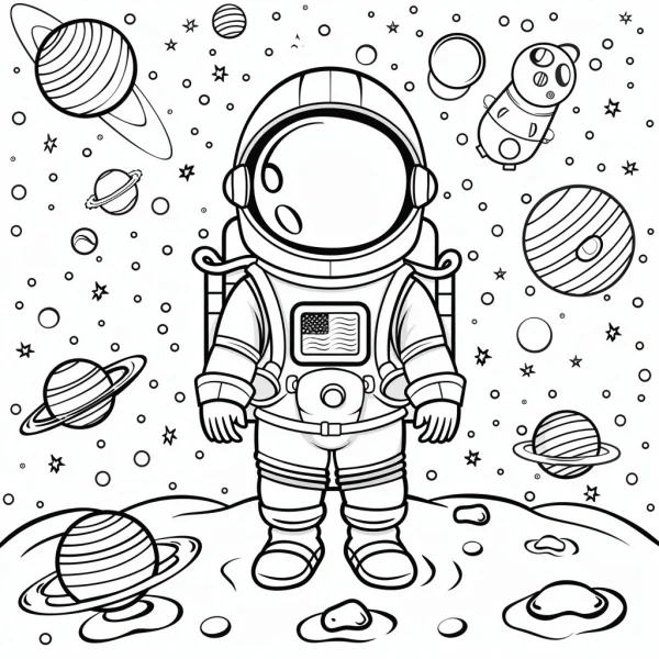 Cute cartoon astronaut standing on moon surface, cartoon style — free printable astronaut coloring book page