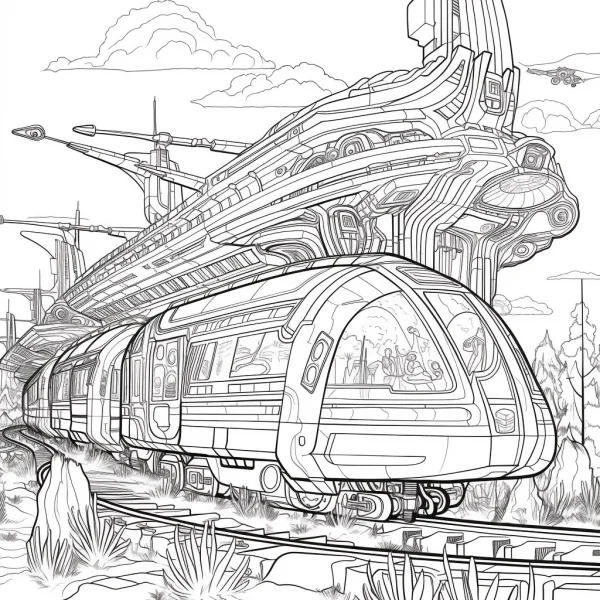 Futuristic sci-fi train, sci-fi style — free printable future coloring book page