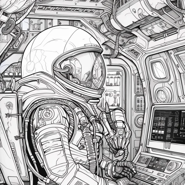 Astronaut inside spaceship cockpit, sci-fi realistic style — free printable astronaut coloring book page